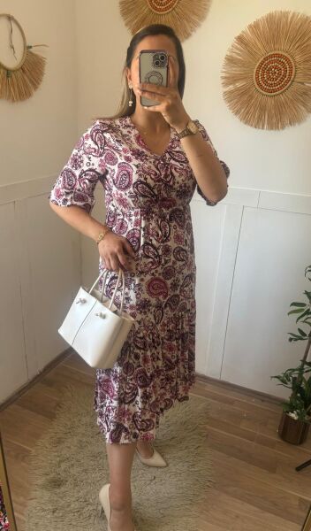 Viskon Kruvaze Yaka Elbise Pembe - L