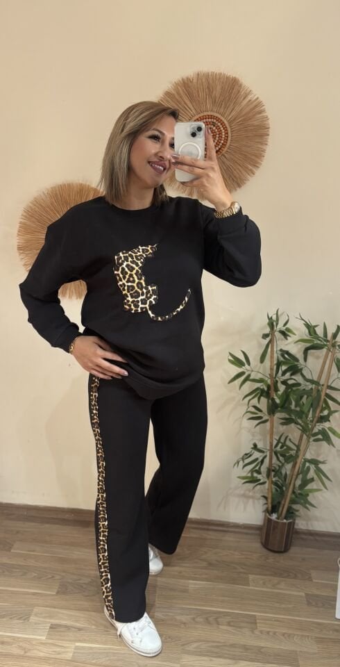 3 iplik Leopar Desenli Takim Siyah
