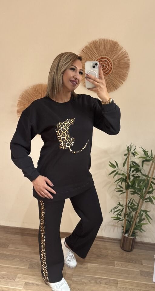 3 iplik Leopar Desenli Takim Siyah