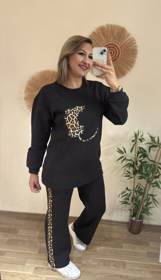3 iplik Leopar Desenli Takim Siyah