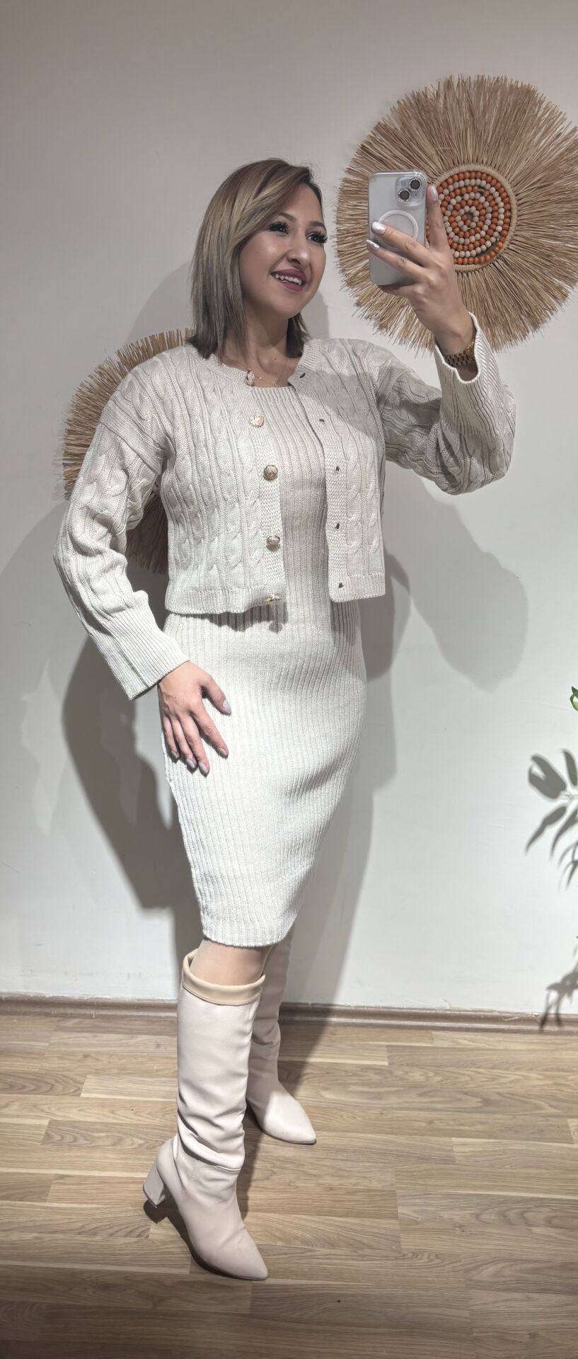 Krem Triko Ceket Elbise Takim