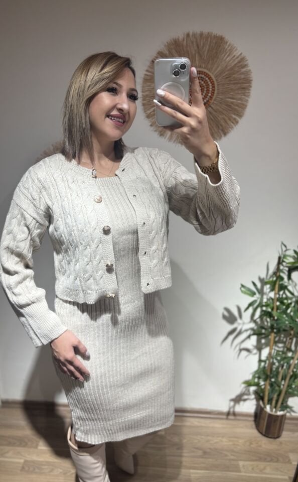 Krem Triko Ceket Elbise Takim