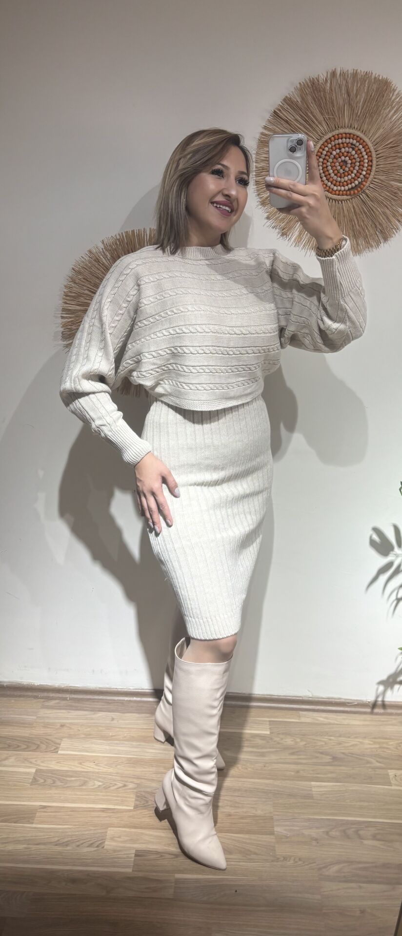 Triko Krem Bluz Elbise Takim