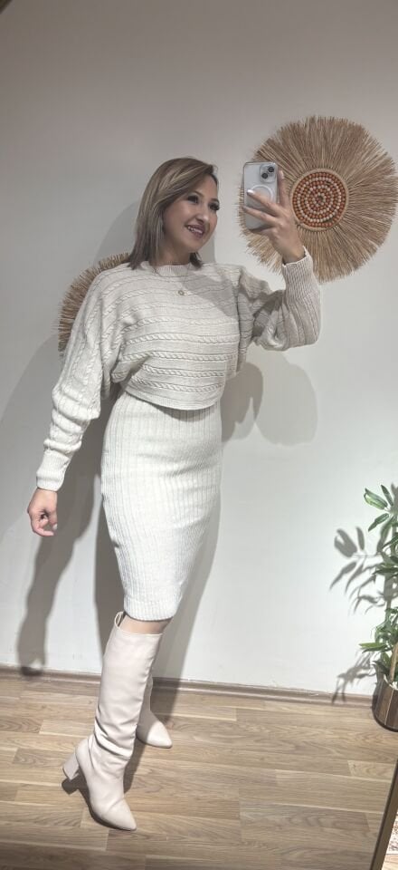 Triko Krem Bluz Elbise Takim