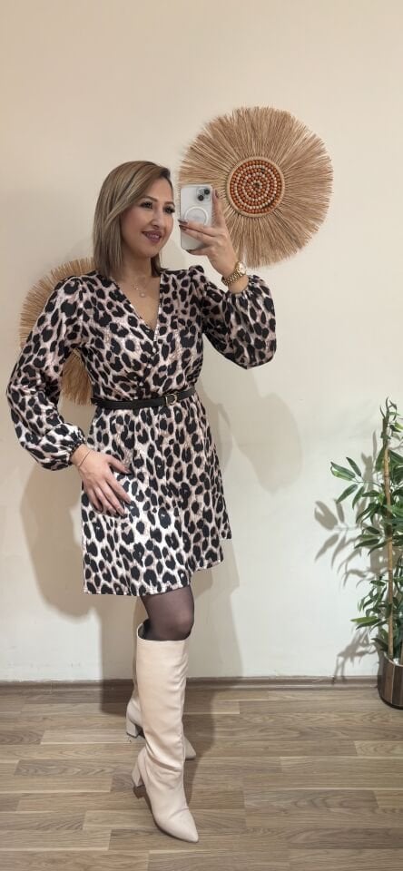 Kemerli Leopar Desenli Elbise
