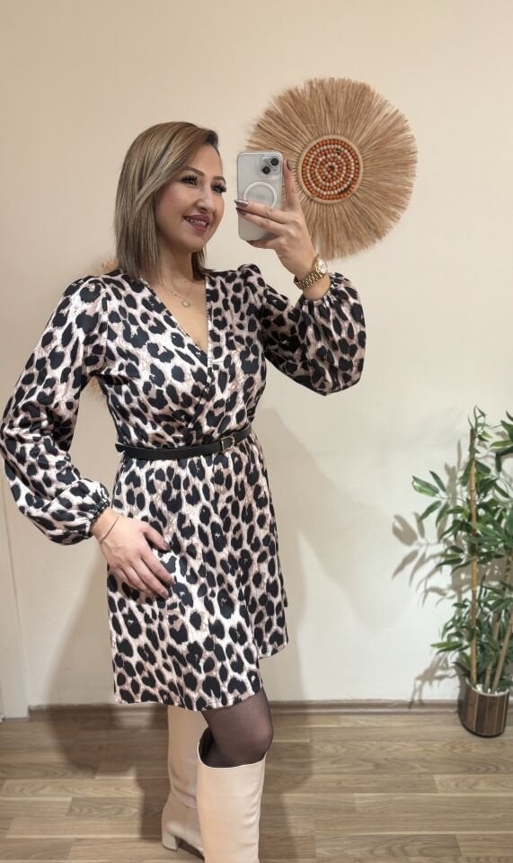 Kemerli Leopar Desenli Elbise