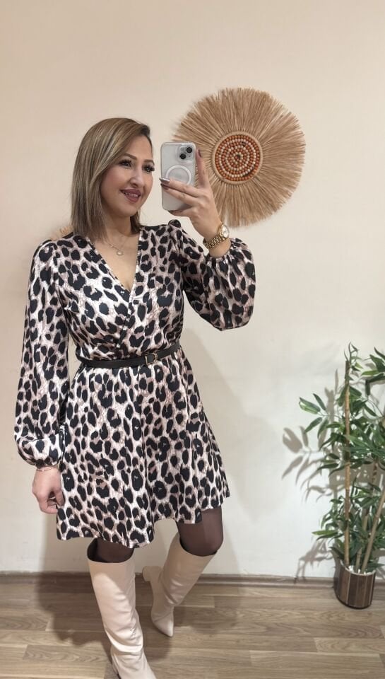 Kemerli Leopar Desenli Elbise