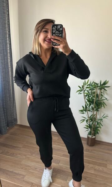 Scuba Kumaş Kapüşonlu İkili Takım Siyah - L