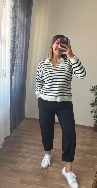 Çizgili Triko Kazak Beyaz Çizgili - Standart