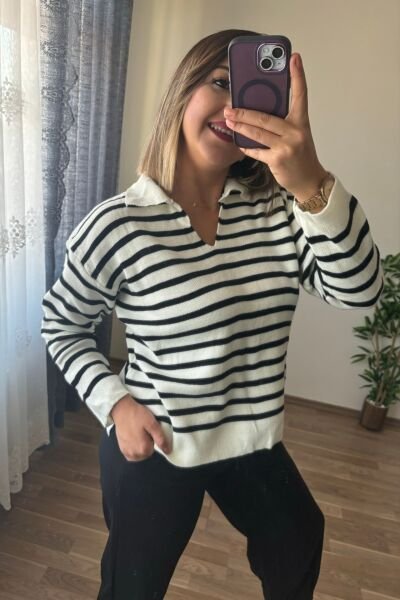 Çizgili Triko Kazak Beyaz Çizgili - Standart