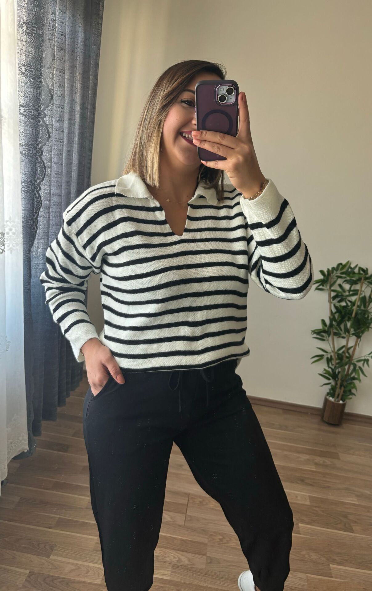 Çizgili Triko Kazak Beyaz Çizgili - Standart