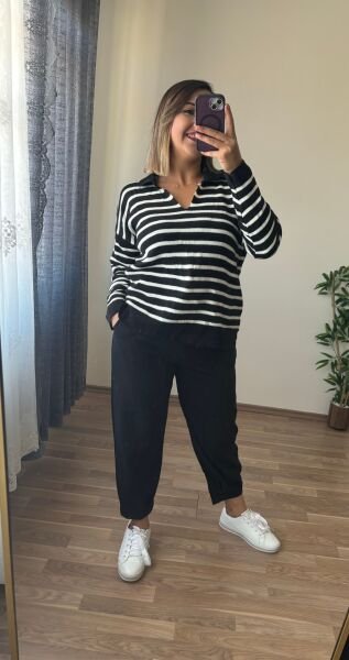 Çizgili Triko Kazak Siyah Çizgili - Standart