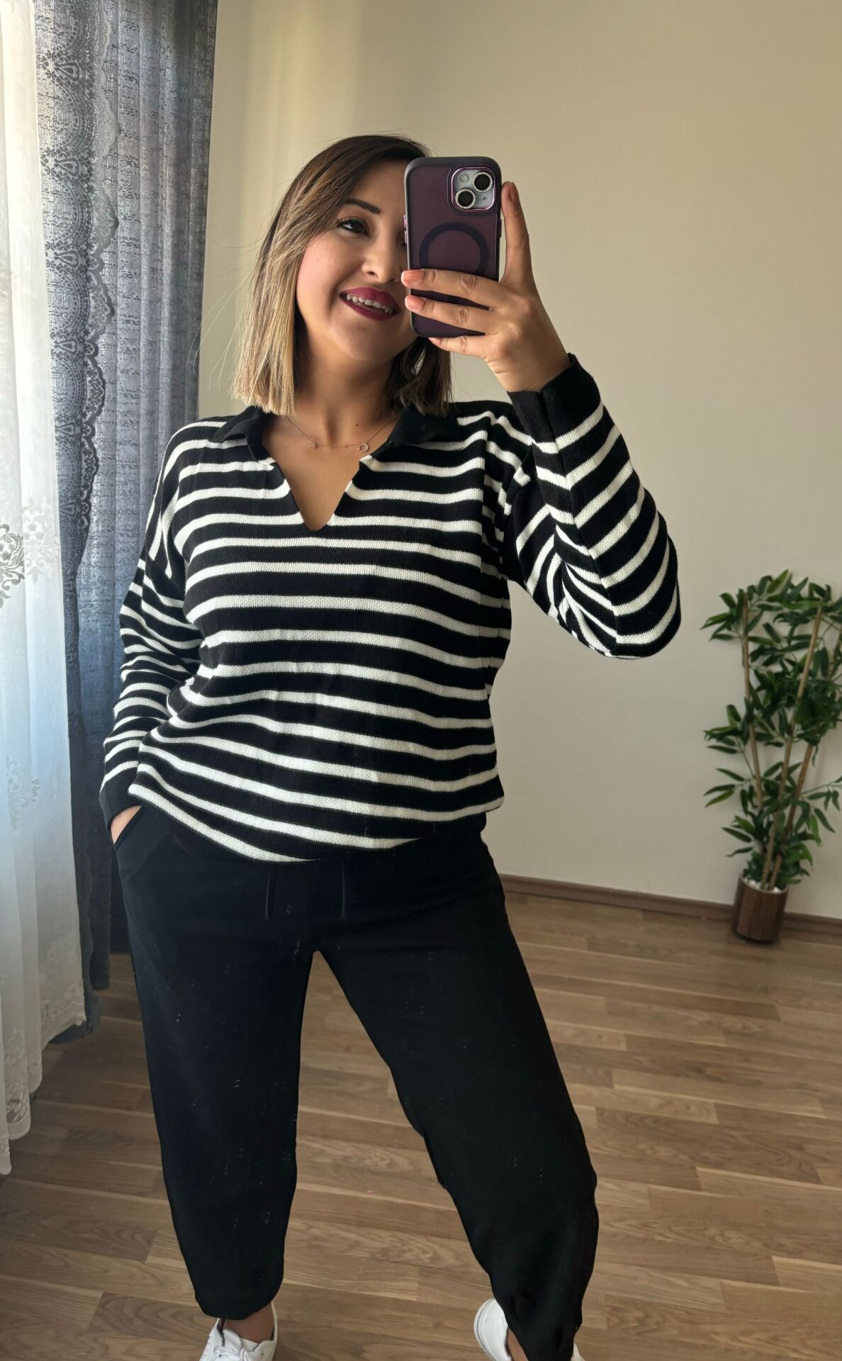 Çizgili Triko Kazak Siyah Çizgili - Standart